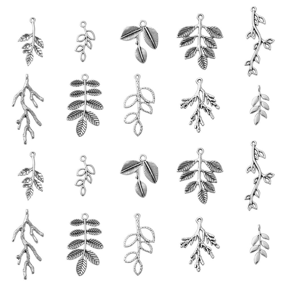 9667 50 Pcs 10 Styles Vintage Style Alloy Leaf Charms Antique Silver Tree
